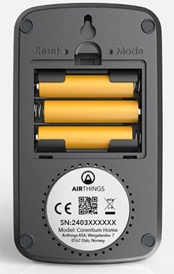 The Corentium Home is powered by three AAA alkaline batteries with a lifespan of up to two years