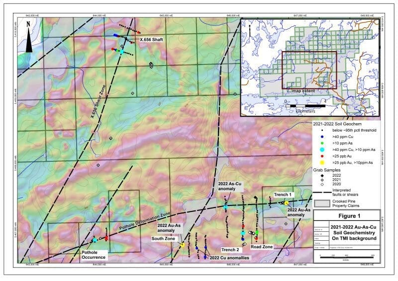 Frontline plans spring/summer prospecting, soil sampling and mechanical stripping programs at its Crooked Pine Lake Gold Project, Ontario, following receipt of 2022 soil sampling results