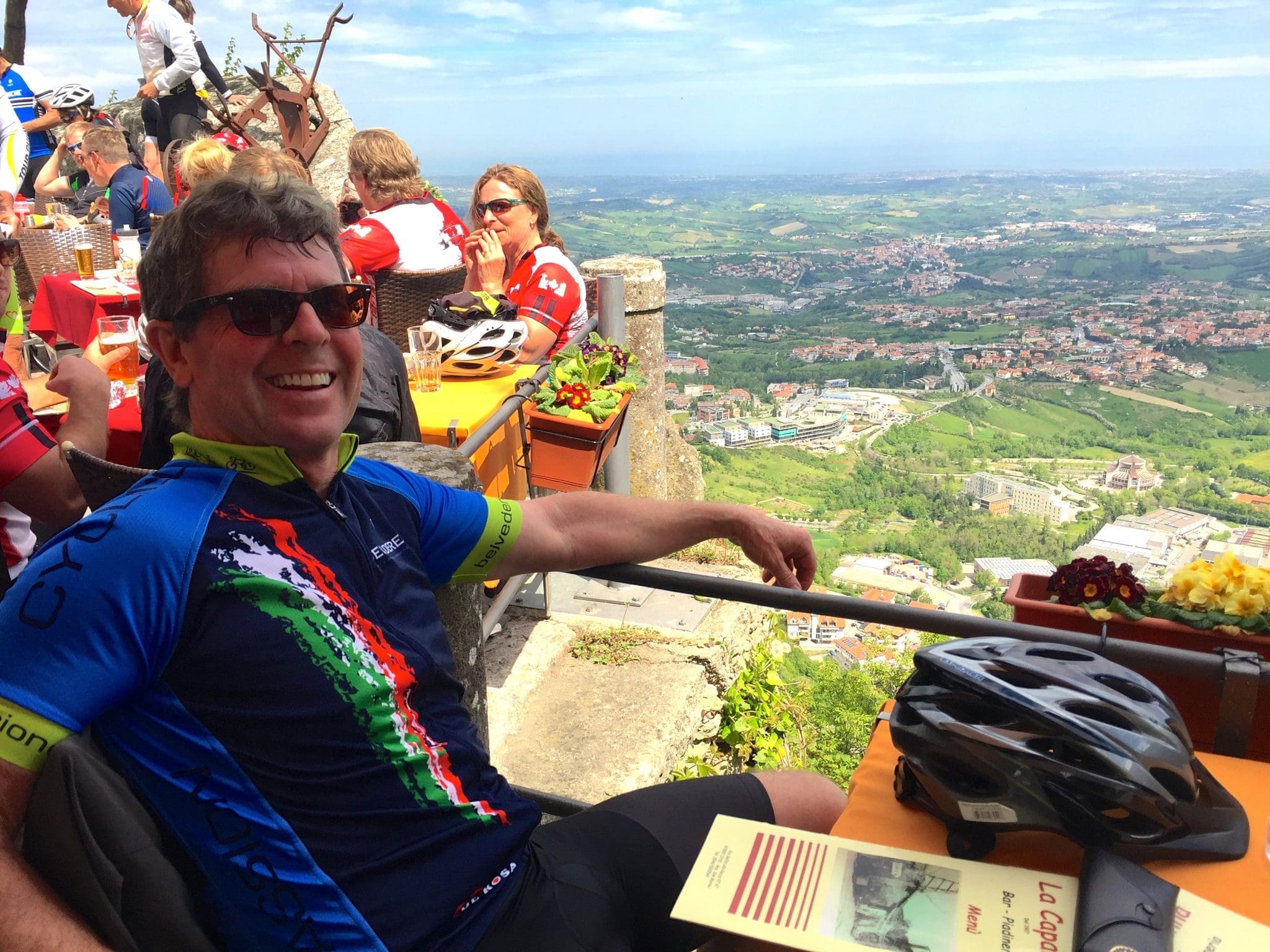 Gerry enjoys a well-deserved break after biking from the coast to the summit of San Marino