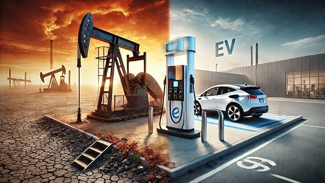 Oil-electric-charging-station • Troy Media Global energy demand is slowing as electric vehicles (EVs) gain ground and China nears peak oil consumption