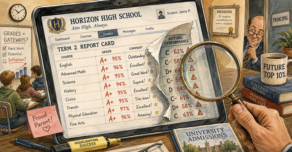 Ontario high school grades keep rising as standardized testing shows decline. Grade inflation is driving the gap and weakening trust in admissions