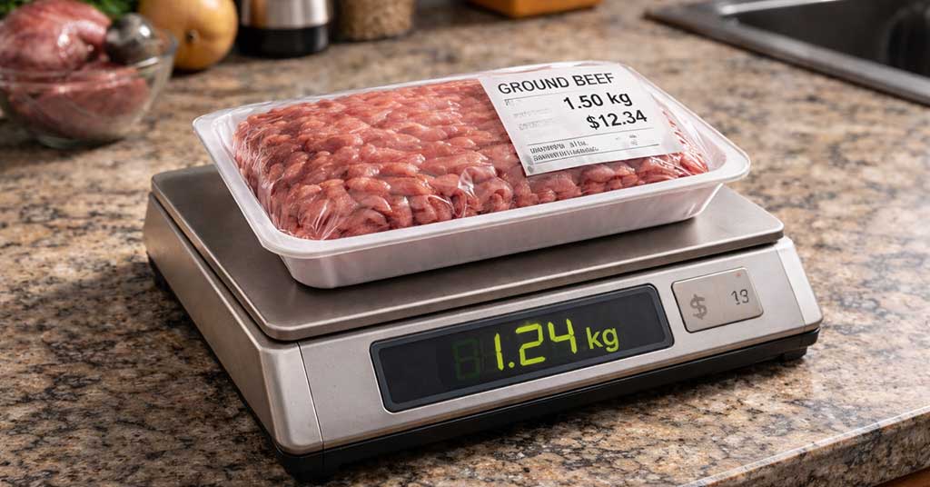 Inaccurate meat counter scale showing weight discrepancy, a common form of retail food fraud in Canada.
