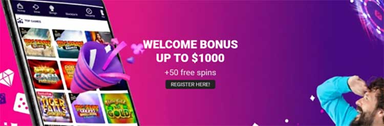 Casino-bonus-points • Troy Media Promotional banner for an online casino offering up to 00 welcome bonus and 50 free spins, featuring a smartphone with game thumbnails on the left and a purple gradient background.