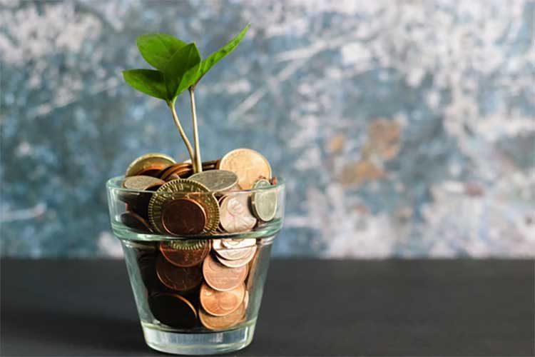 Money-currency • Troy Media Plant growing from a glass of coins, symbolizing financial growth and savings.