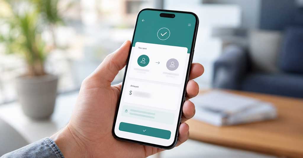 Smartphone-social-media • Troy Media Hand holding a smartphone displaying a money transfer screen with sender/recipient icons and a green confirm button.