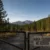 Closed gate blocks a gravel forest road with a sign reading 'Area Closed, No Access' and distant mountains.
