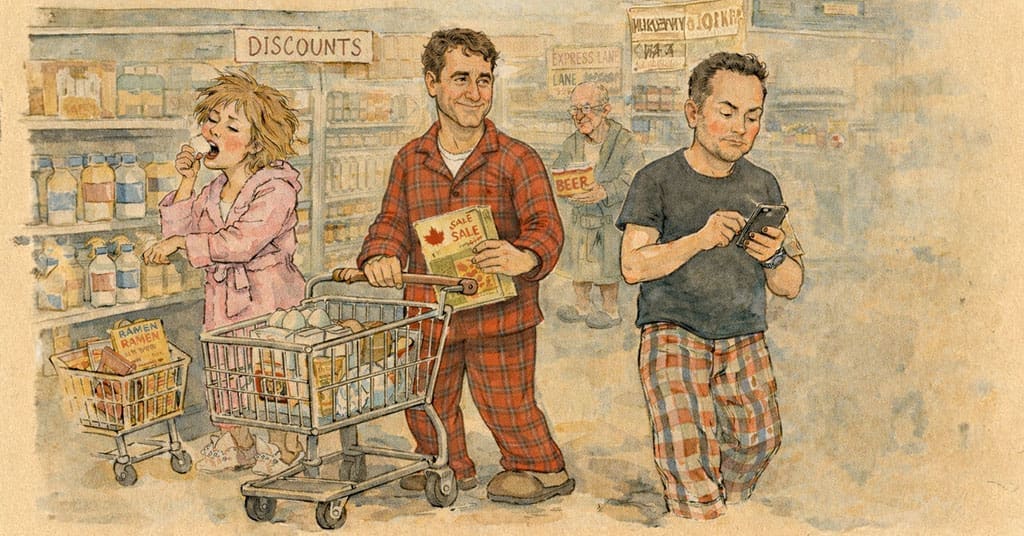Why are shoppers wearing pajamas to the grocery store?